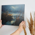 Framed canvas print of an impressionistic landscape with moonlit waters and reed-filled foreground