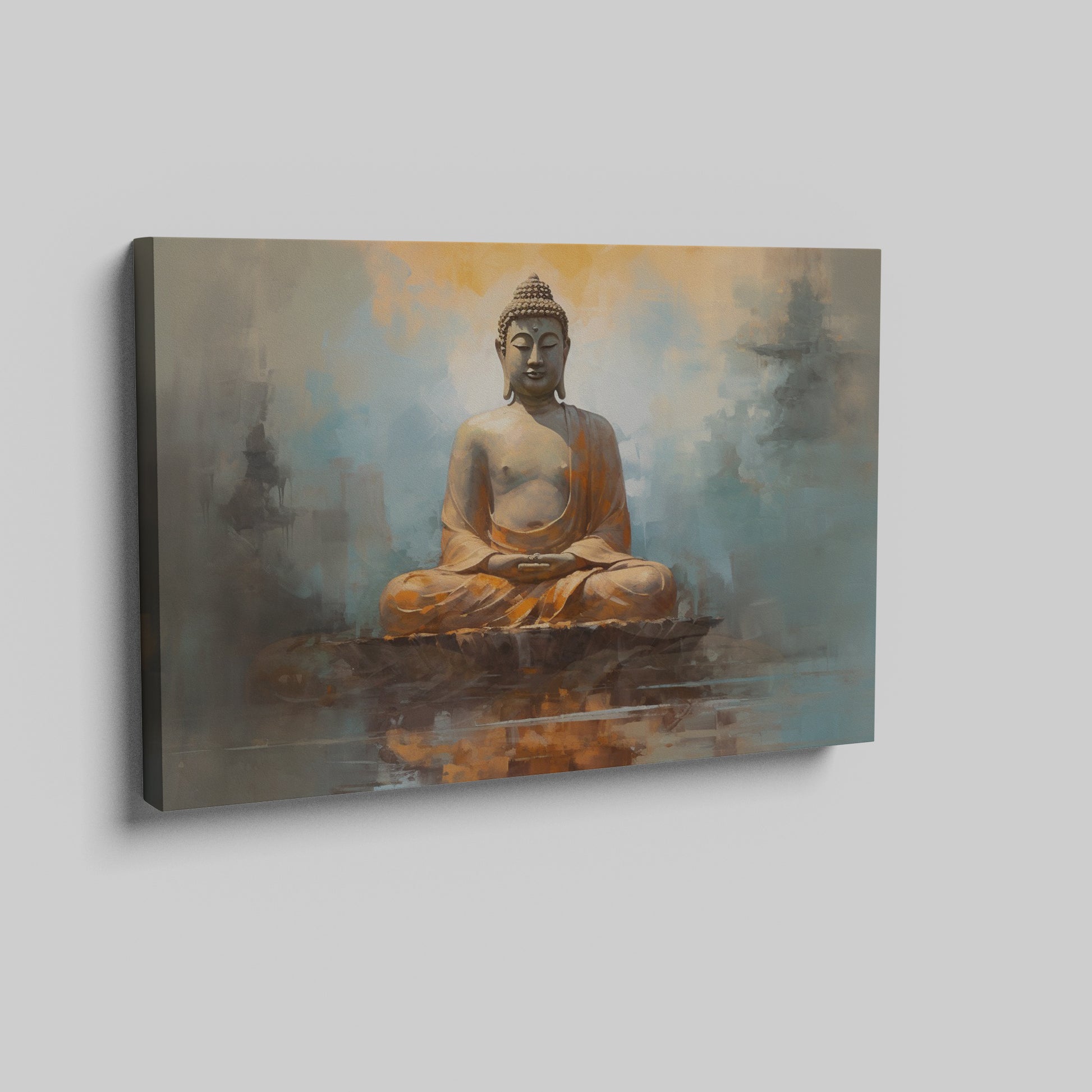 Framed canvas print of serene Buddha statue with abstract warm hues and reflective water