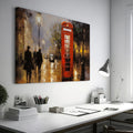 Framed canvas print of an impressionistic painting of a rainy London street with a red telephone box