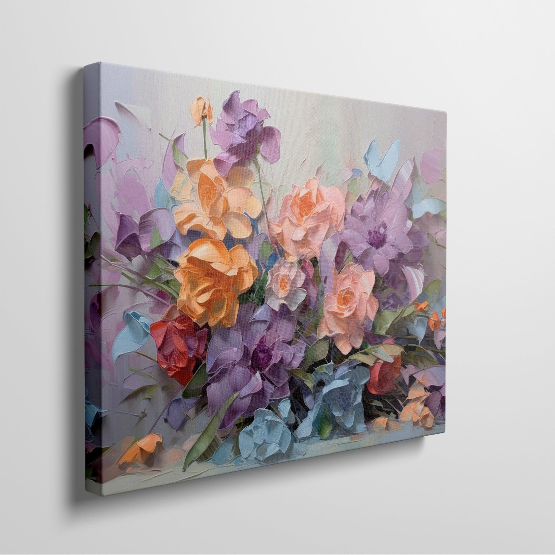 Framed canvas print of vibrant painted flowers, impressionist style with colourful bouquet