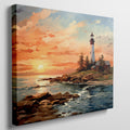 Framed canvas print of a lighthouse overlooking the ocean at sunset with vibrant sky and calm water reflections