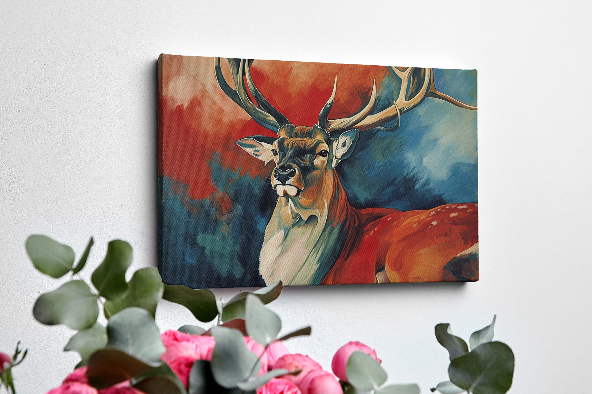 Framed canvas print of a vibrant, expressive deer with bold red and blue colours