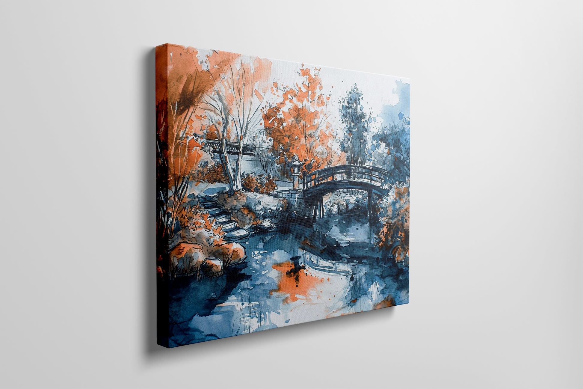 Framed canvas print of an Oriental garden scene with a bridge over water in autumnal hues of orange and blue