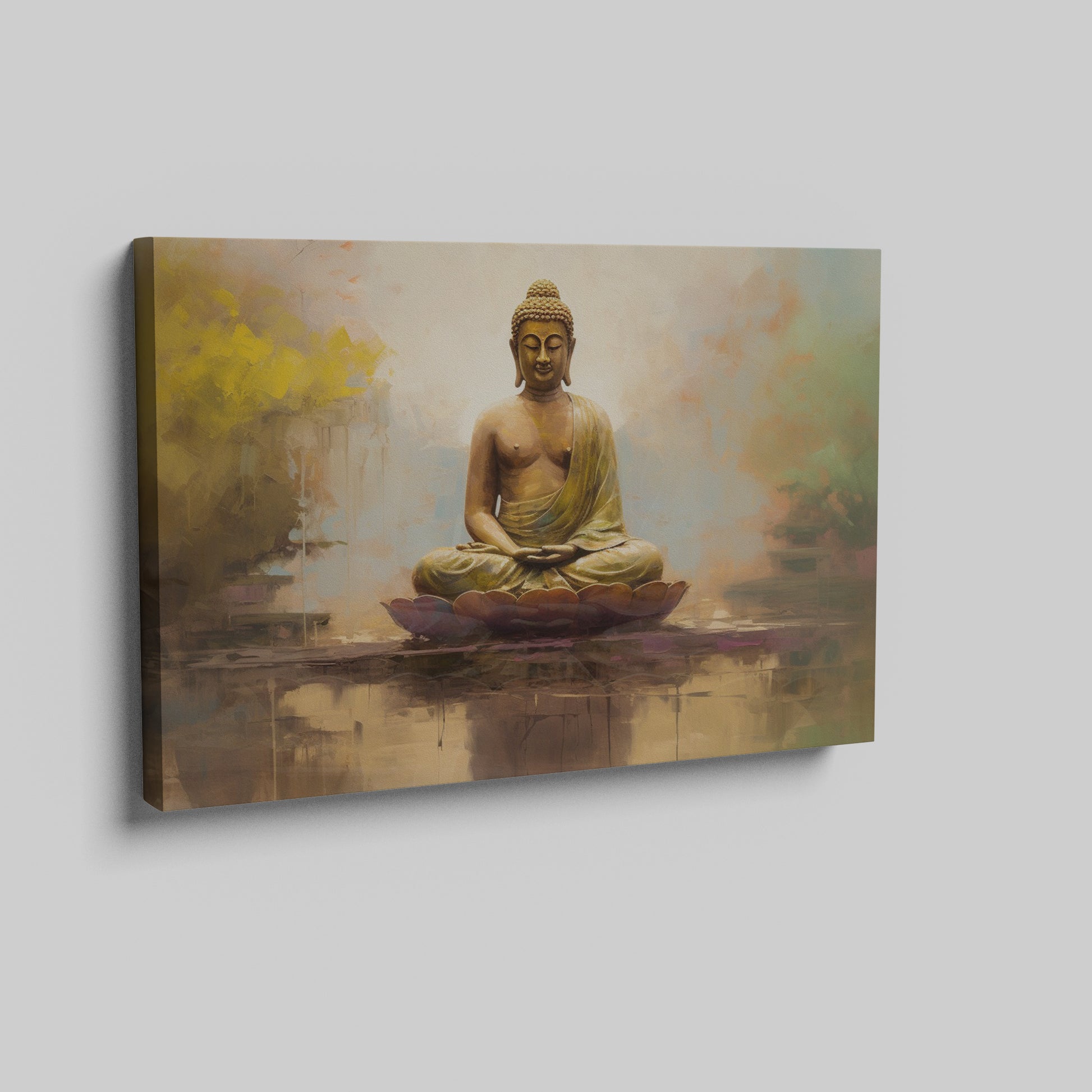 Framed canvas print of serene meditating Buddha in golden hues with reflective background