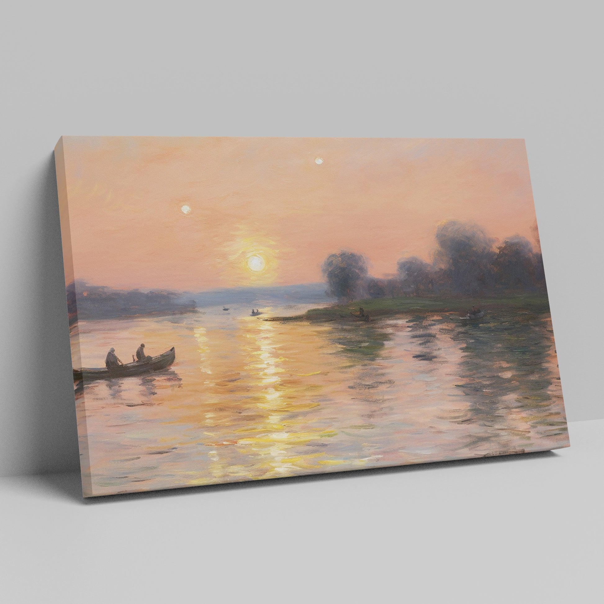 Framed canvas print of an impressionist sunset river scene with canoes and a warm glow