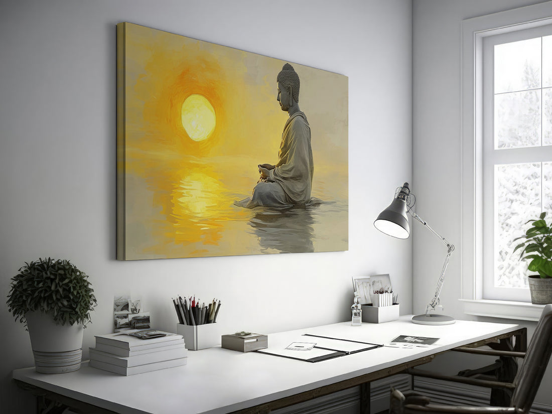 Framed canvas print of a meditative figure with the sun setting over water, reflecting golden tones