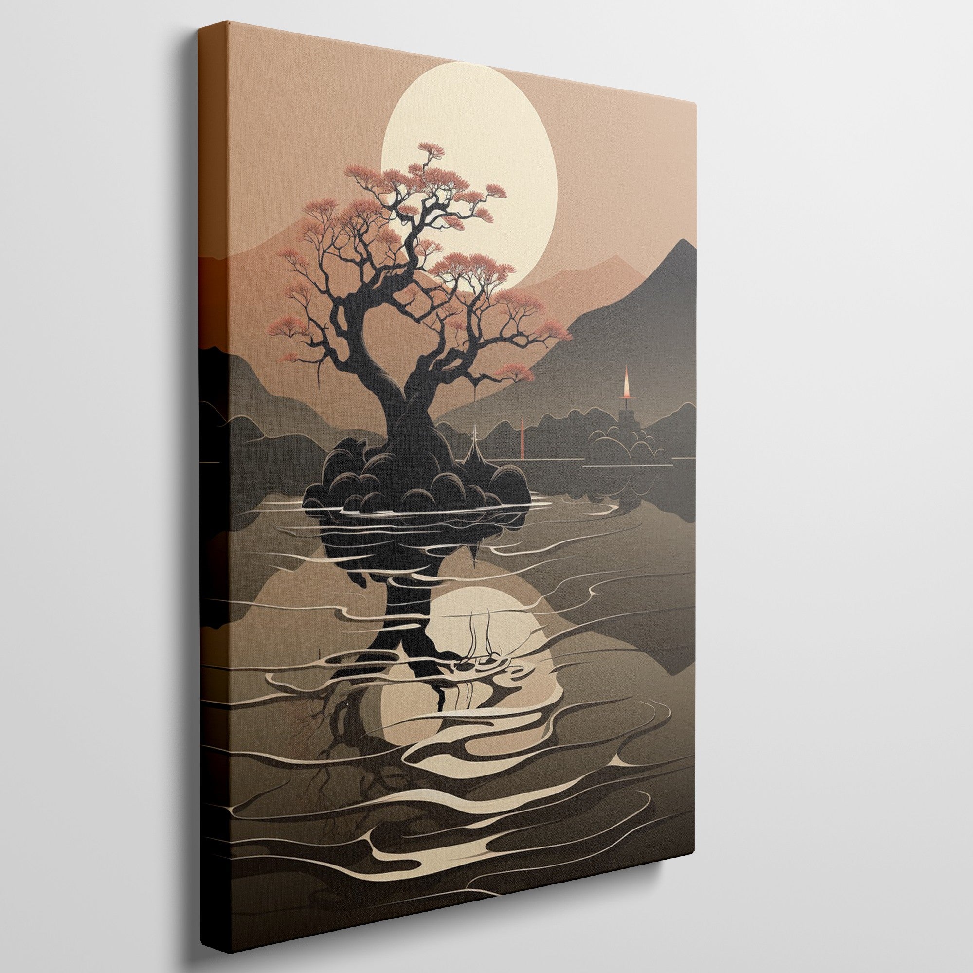 Framed canvas print of an Asian-inspired serene bonsai tree silhouette with sunset and mountain