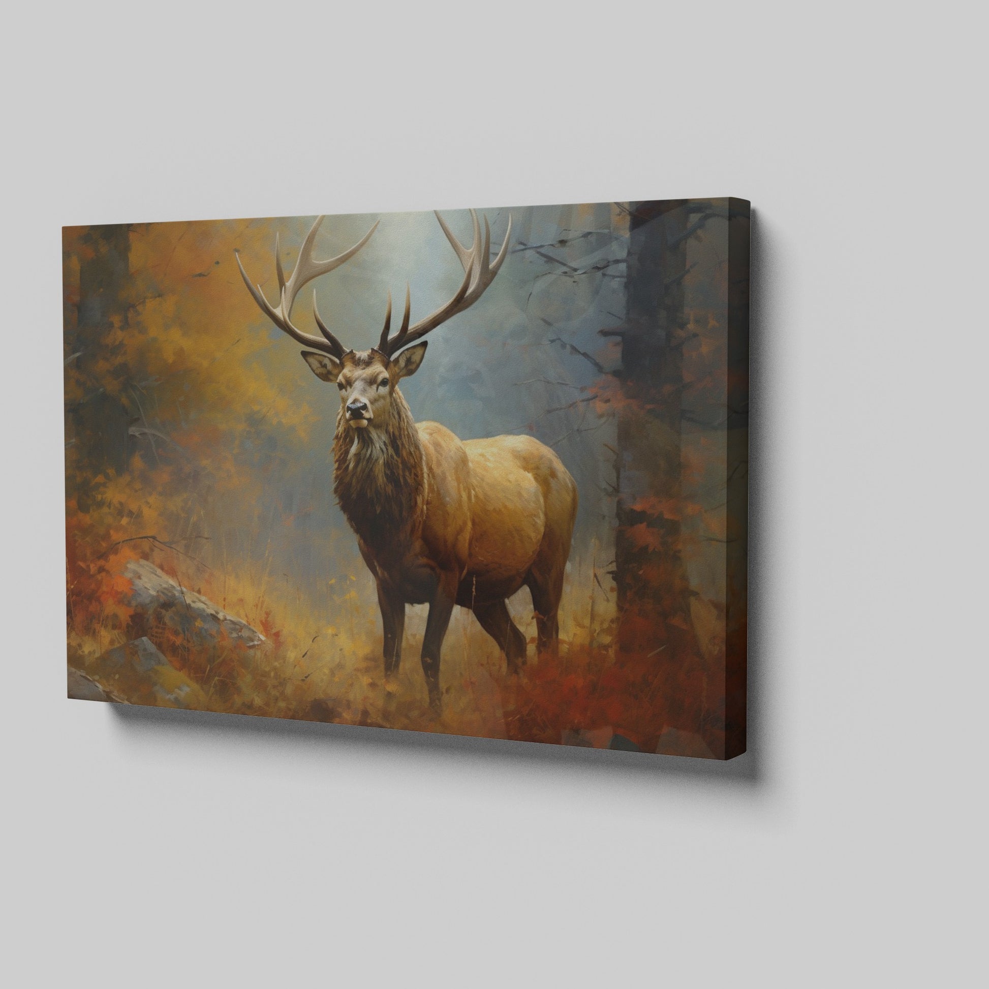 Framed canvas print of a majestic stag standing in an autumn forest with vibrant foliage