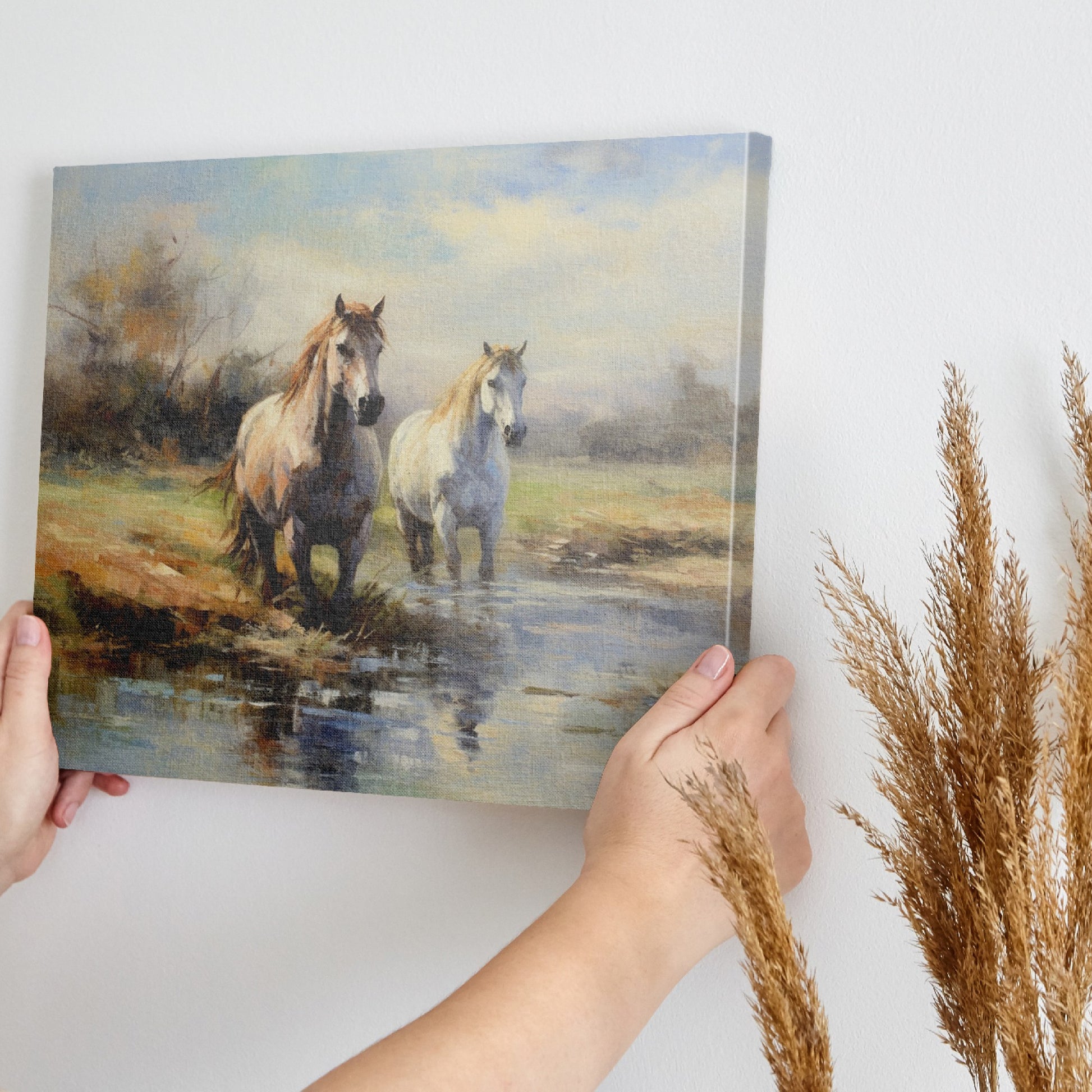 Framed canvas print of two horses by a creek in an impressionist style with warm autumn hues