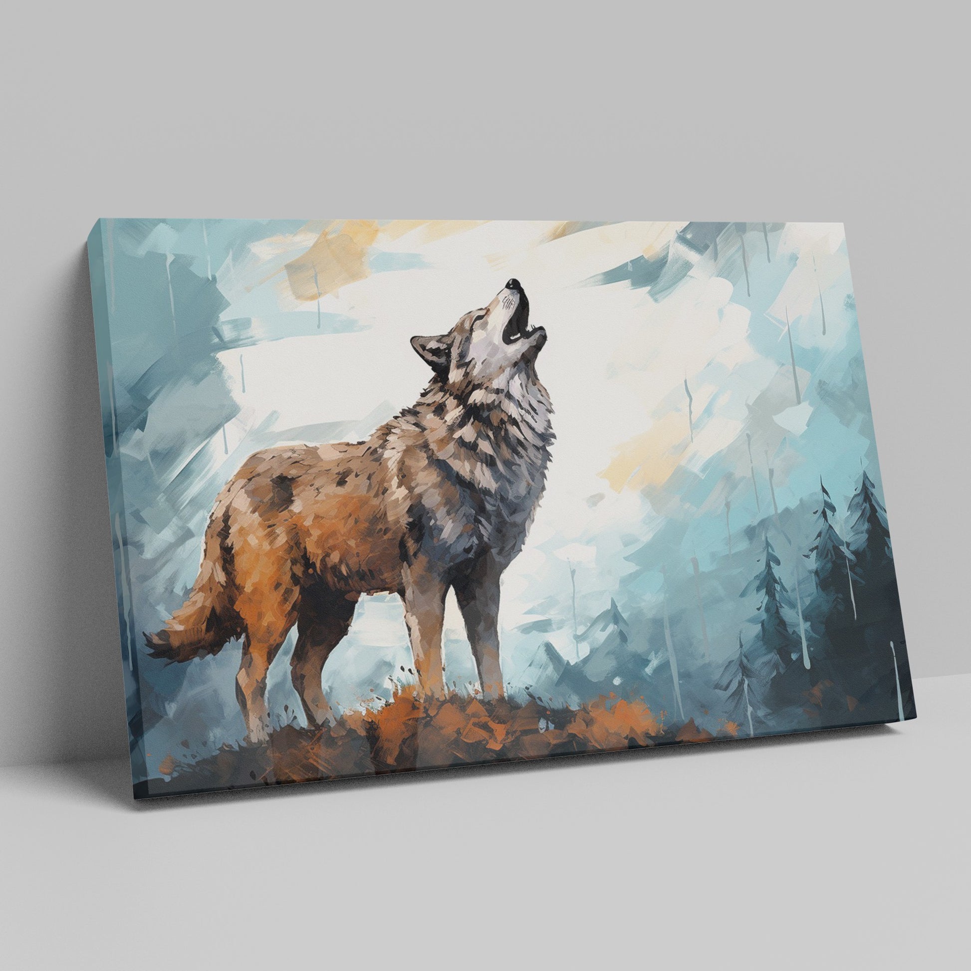 Framed canvas print of a wolf howling in an abstract forest setting