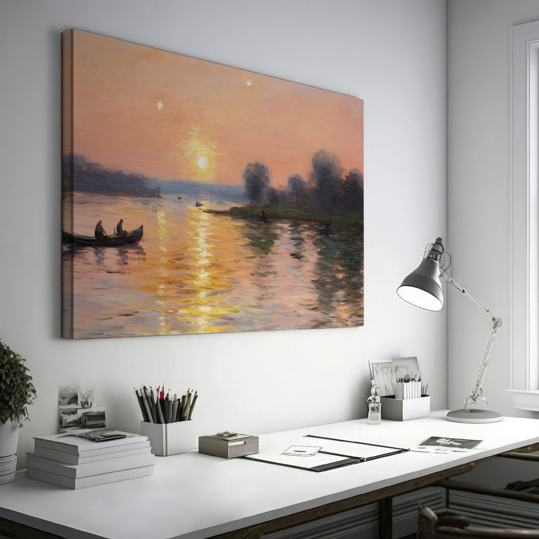 Framed canvas print of an impressionist sunset river scene with canoes and a warm glow