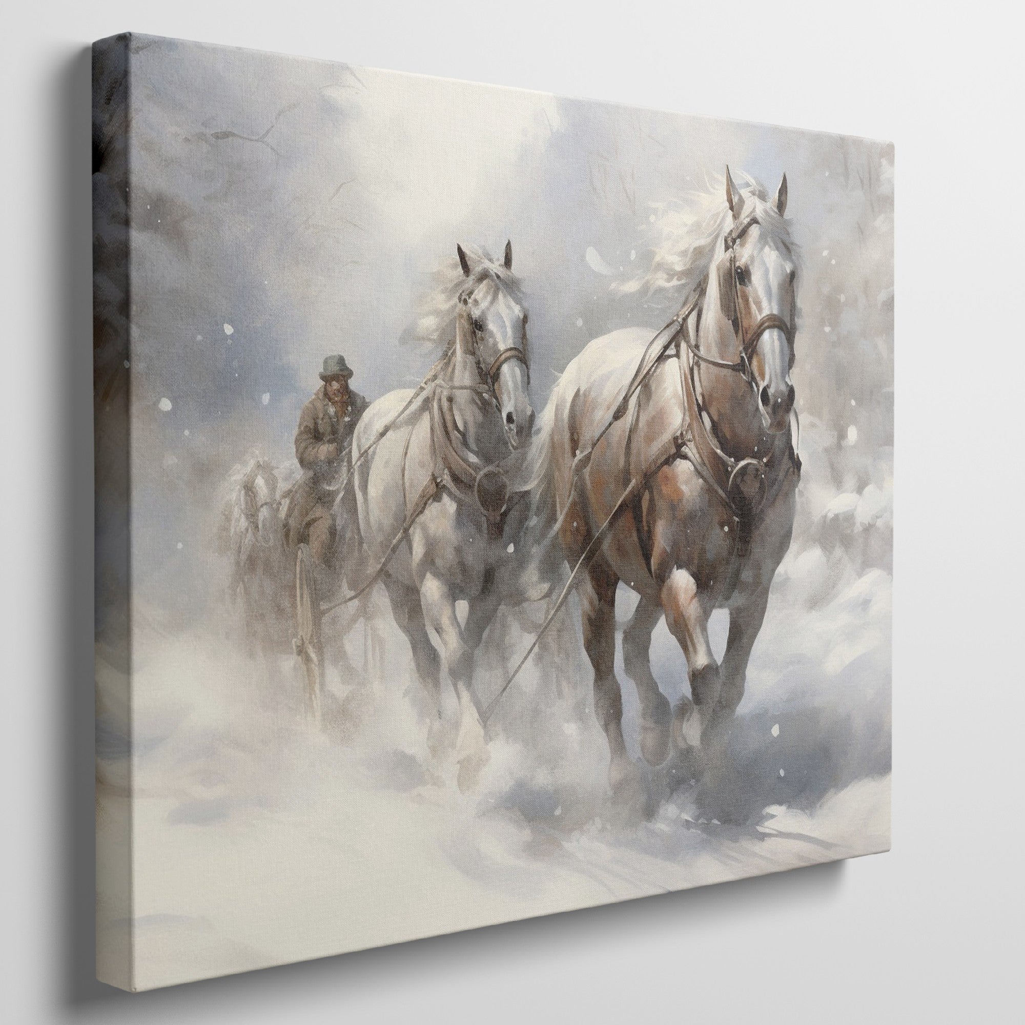 Framed canvas print of a traditional winter scene with a horse-drawn sleigh in the snow