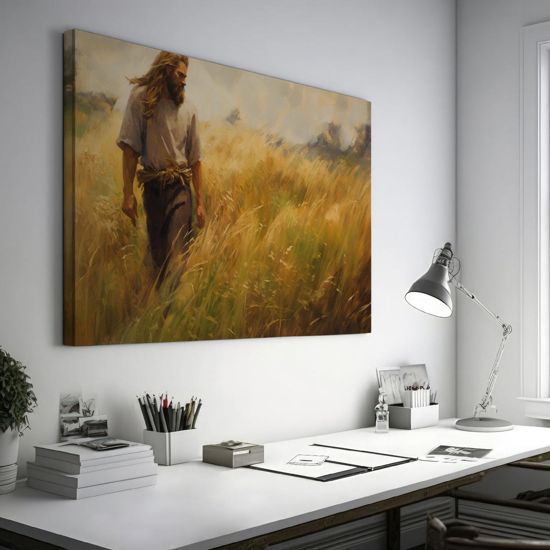 Framed canvas print of a man walking through a golden wheat field during sunset with a rustic feel