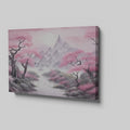 Framed canvas print of Oriental cherry blossom landscape with misty mountains and serene lake