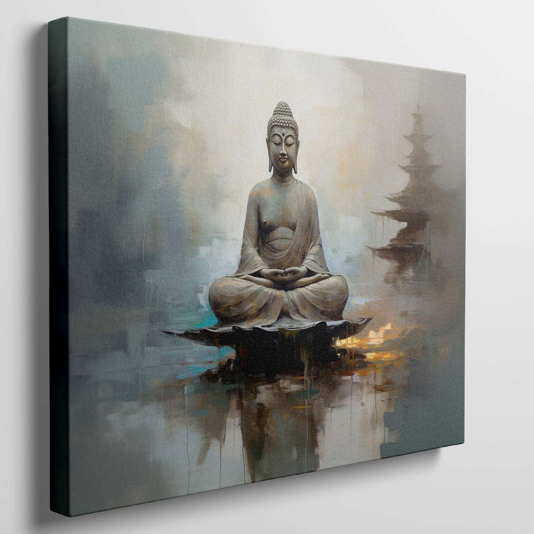 Framed canvas print of a serene Buddha in meditation with warm and earthy tones