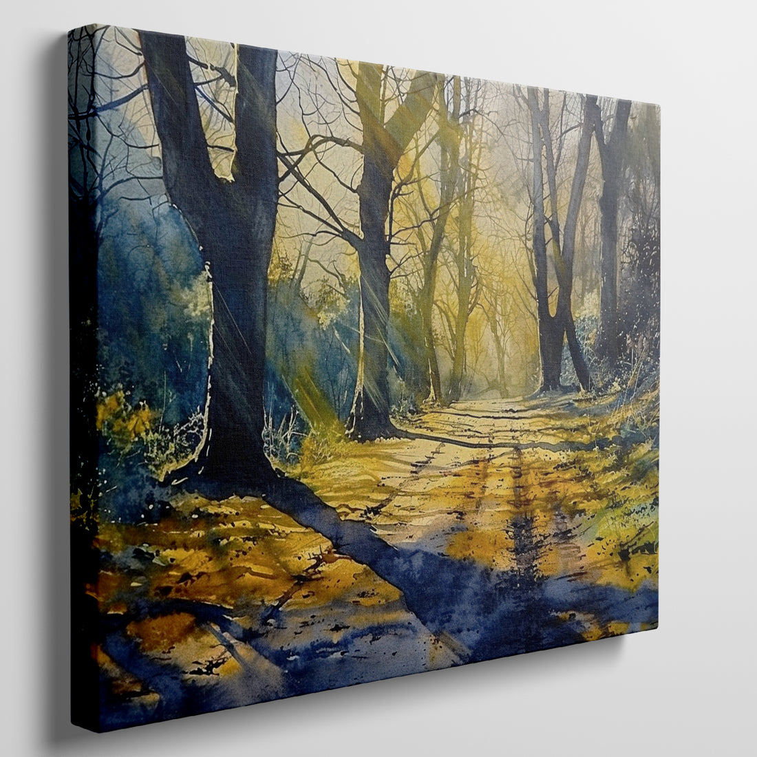 Framed canvas print of a sunlit path through a misty forest in watercolour with vibrant yellow and cool blue tones