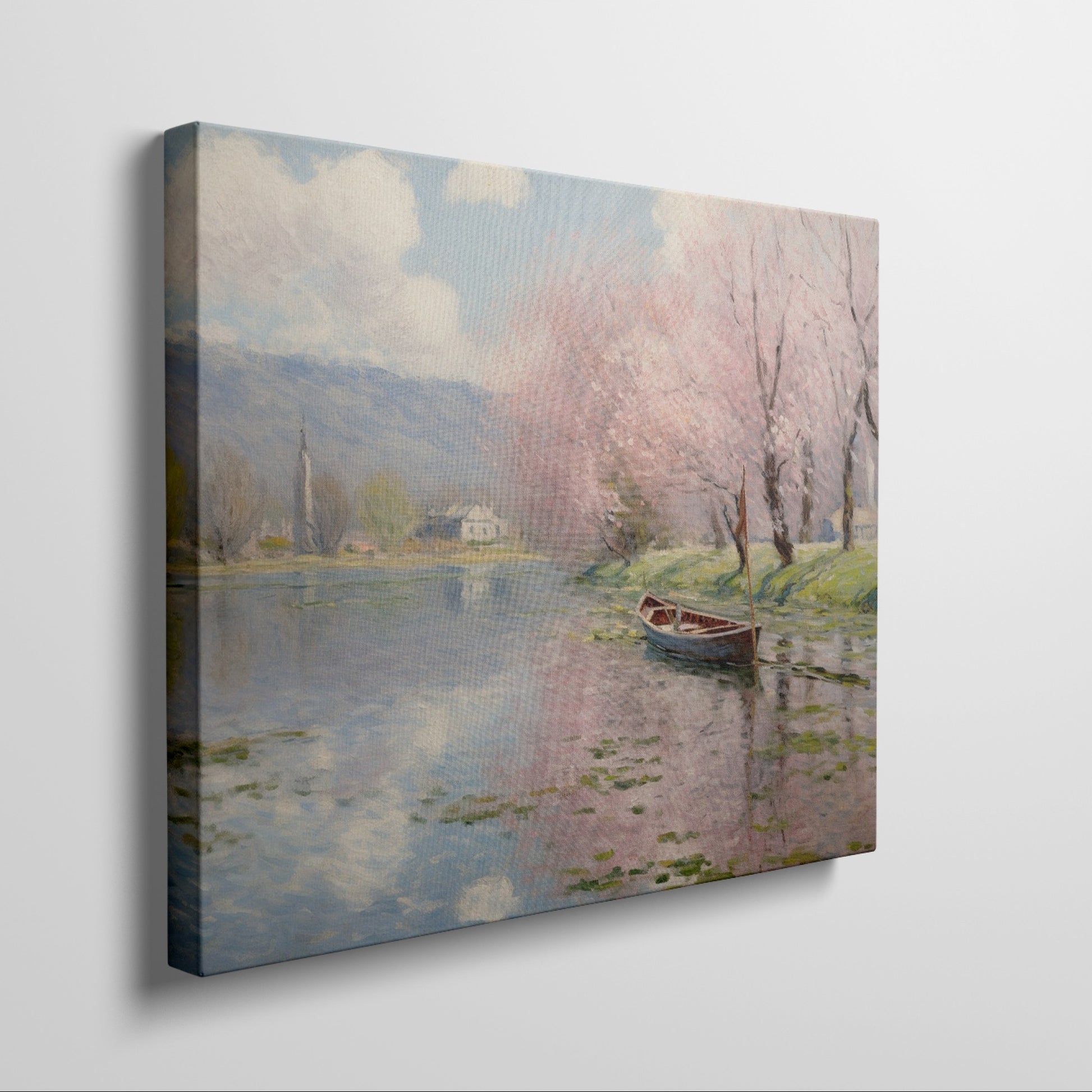 Framed canvas print of a tranquil river landscape featuring blooming cherry blossoms and a boat, in Impressionist style