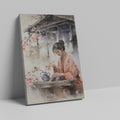 Framed canvas print of a Japanese tea ceremony with cherry blossoms and a woman in traditional attire