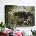 Framed canvas print of impressionist painting with rustic carousel, horses amidst poppies in countryside.