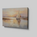 Impressionistic painting of a sailboat on calm waters at sunset with vibrant orange and yellow tones reflecting on the water.