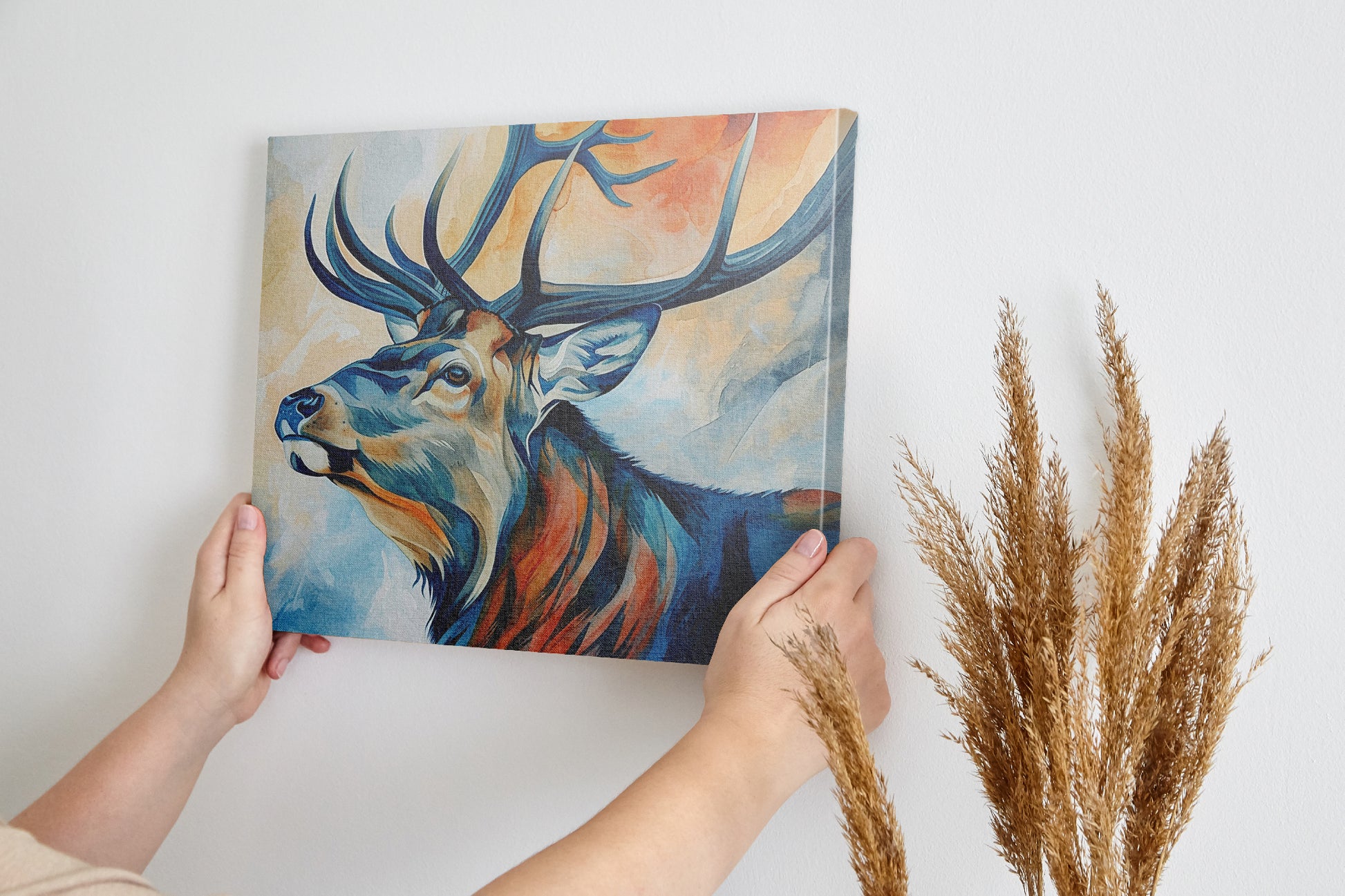 Framed canvas print of a majestic stag in vibrant colours