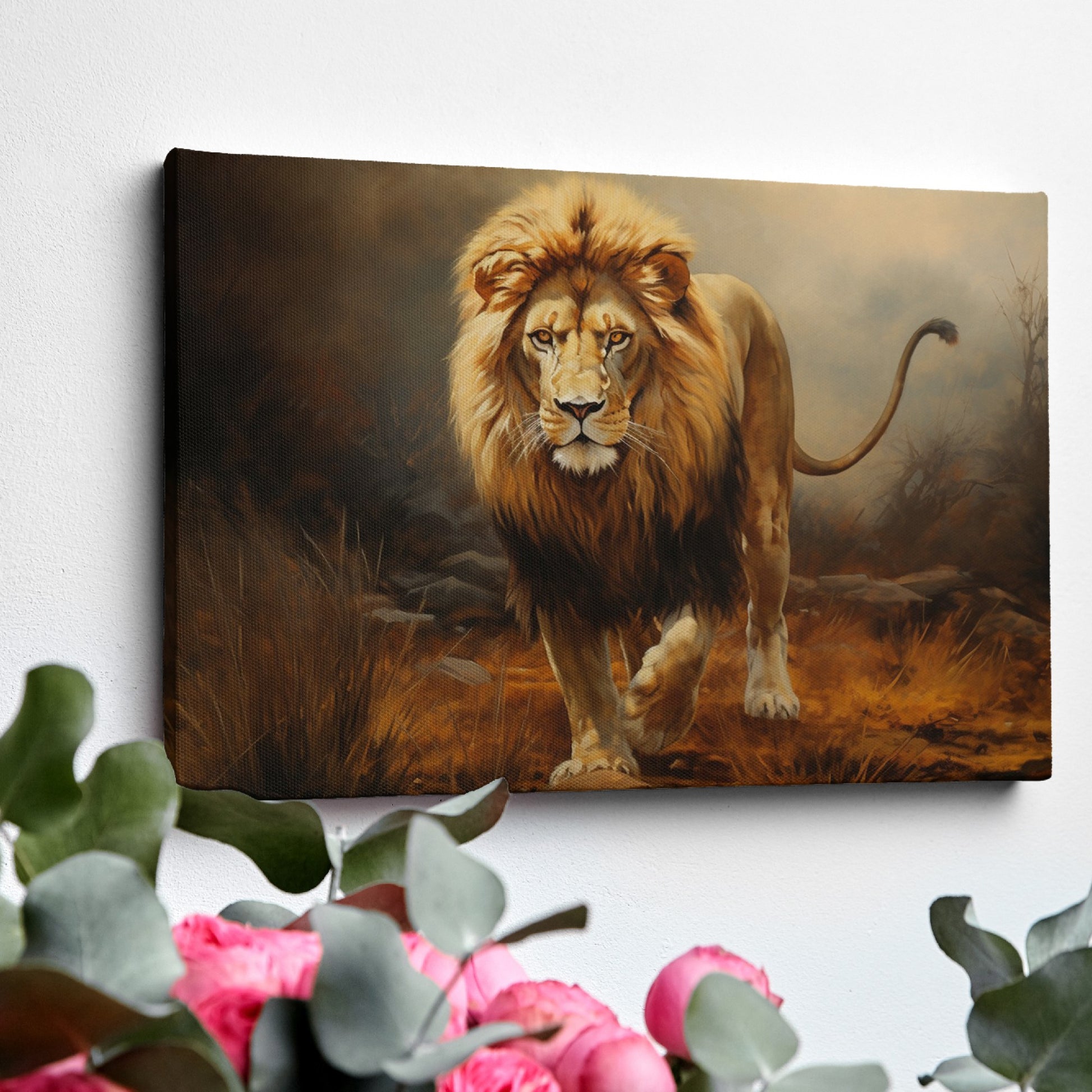 Framed canvas print of a regal lion striding through the misty savannah