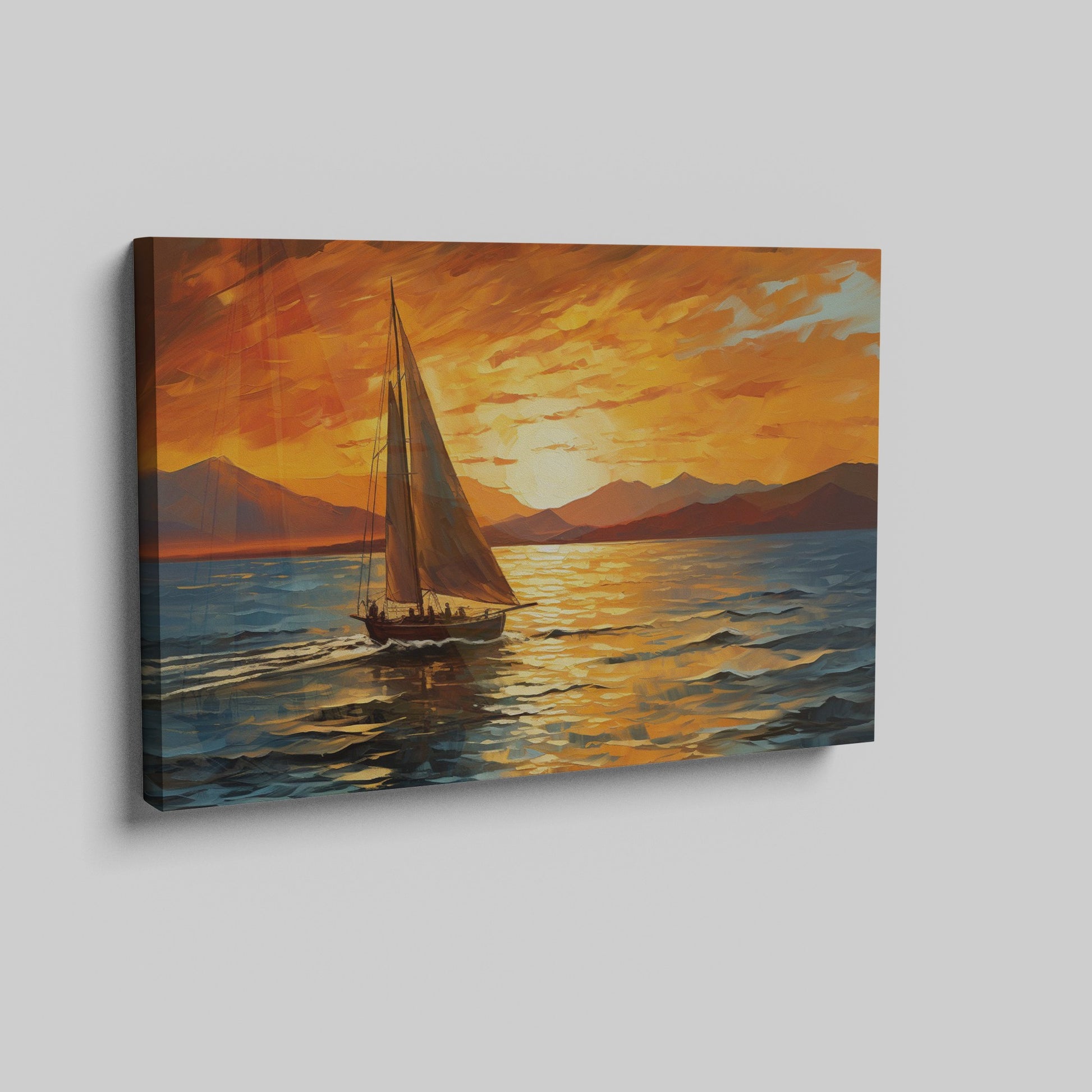 Framed canvas print of a sailboat against a vivid sunset with warm orange and blue tones