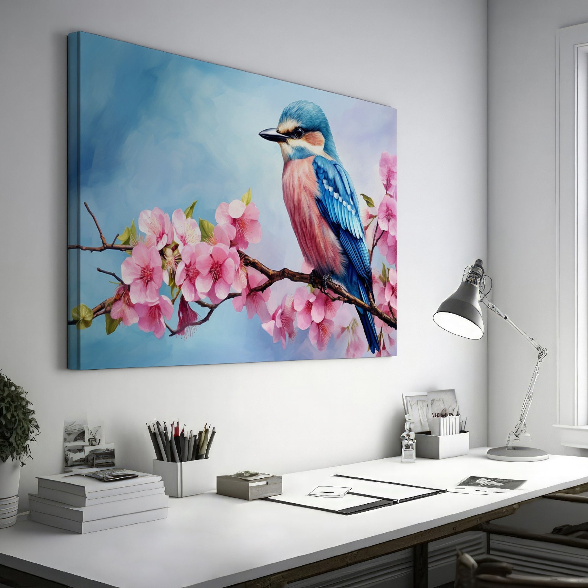 Framed canvas print of a colourful bird on a blossoming cherry branch