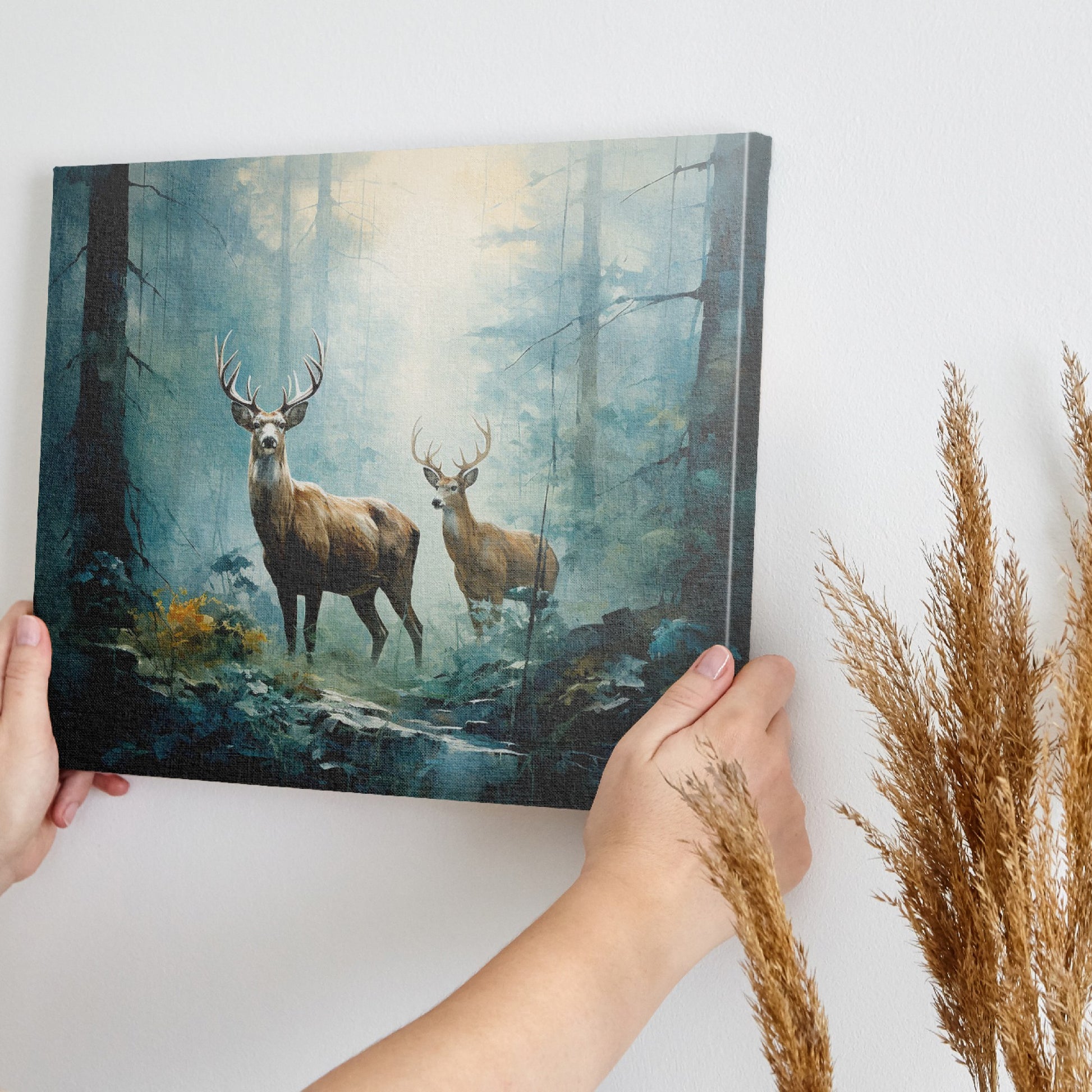 Framed canvas print of two stags in a sunlit, enchanted forest