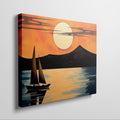 Geometric style painting of a sailboat at sunset with mountains and reflections in the water