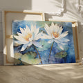 Framed canvas print of tranquil water lilies in watercolour blues and whites