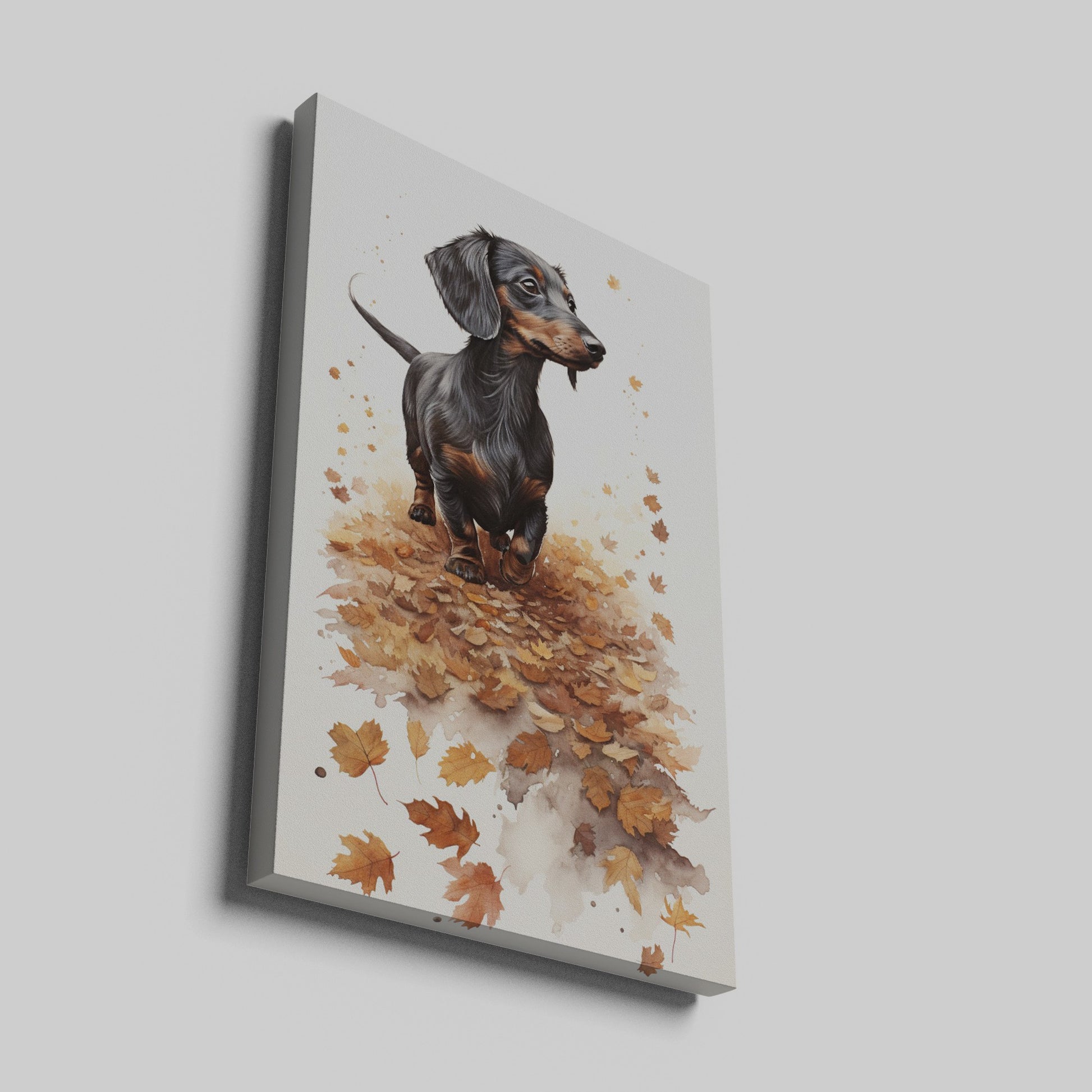 Framed canvas print of a realistic Dachshund standing amidst autumn leaves in warm brown and amber tones