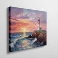 Impressionist painting of a lighthouse at sunset with vibrant red and blue tones and dynamic waves