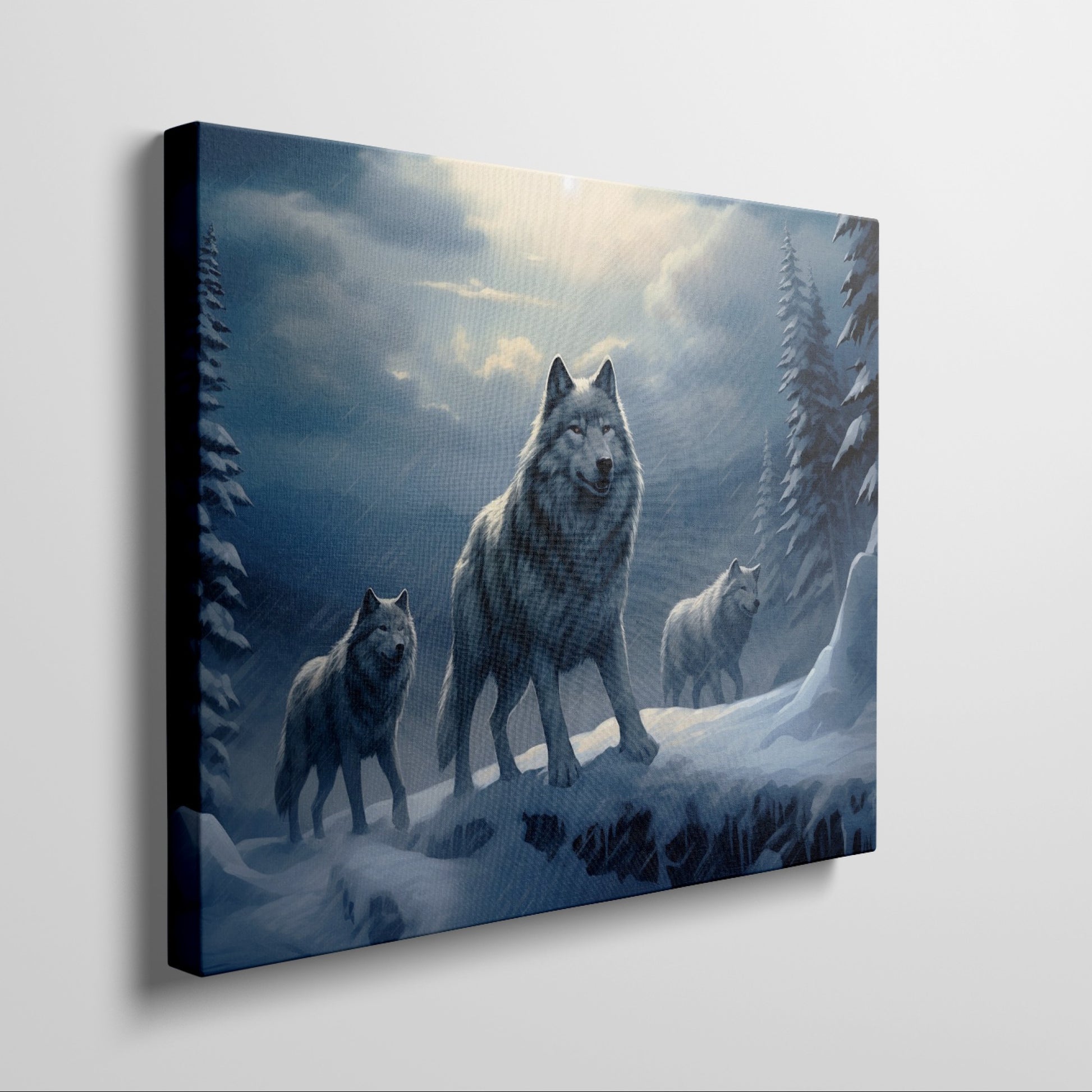 Framed canvas print of a wolf pack under a moonlit sky in a snowy forest