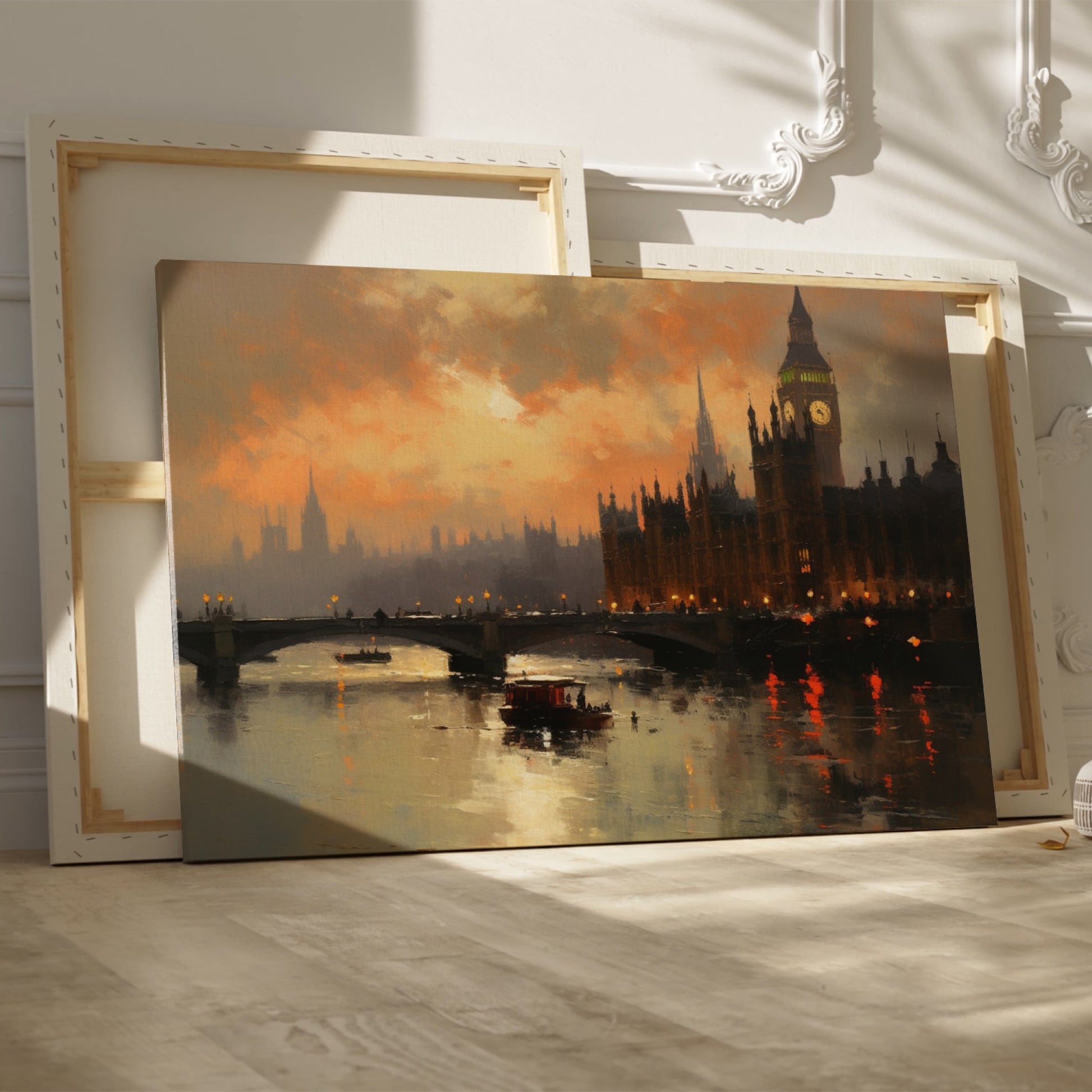 Framed canvas print of London's Westminster and Big Ben at sunset with orange and warm tones reflecting on the Thames River