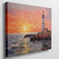 Framed canvas print of a vibrant impasto painting of a lighthouse at sunset with dynamic sea waves and a warm sky