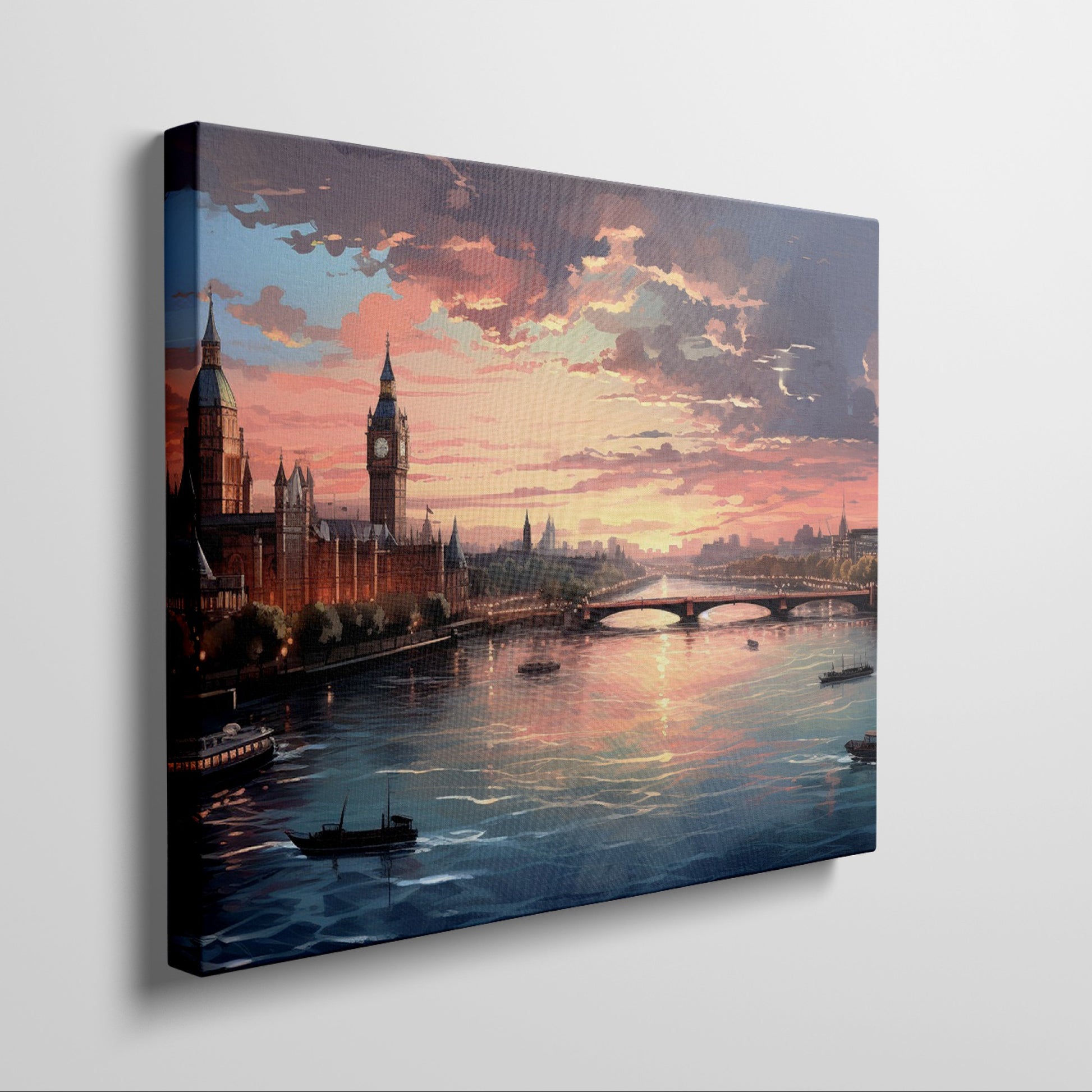 Framed canvas print of a scenic London skyline at sunset with vibrant hues and the River Thames