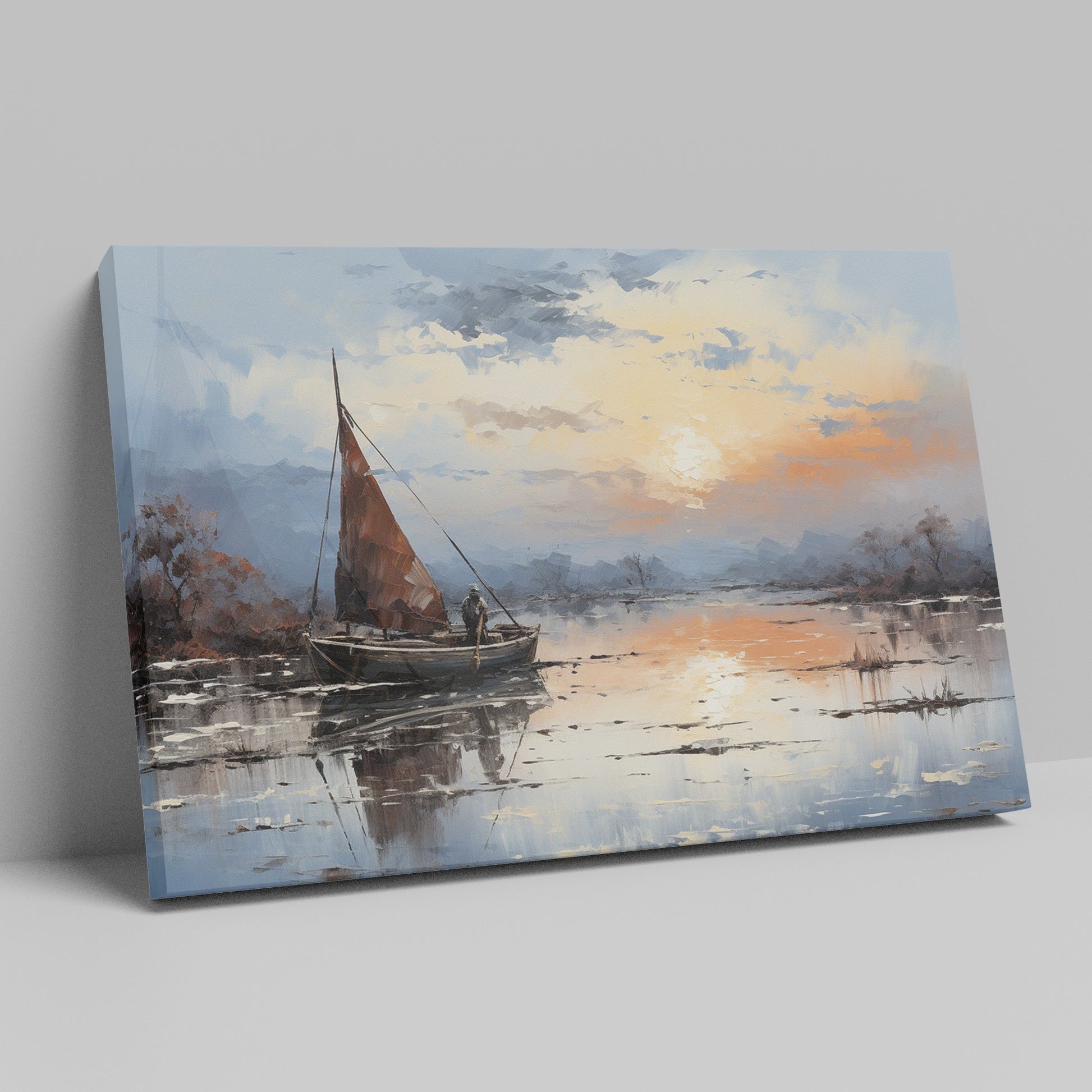 Framed canvas print of impressionist sailboat at sunset with vibrant sky and reflective water