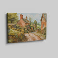 Framed canvas print of a charming English village scene with watercolour cottages in a rustic countryside setting