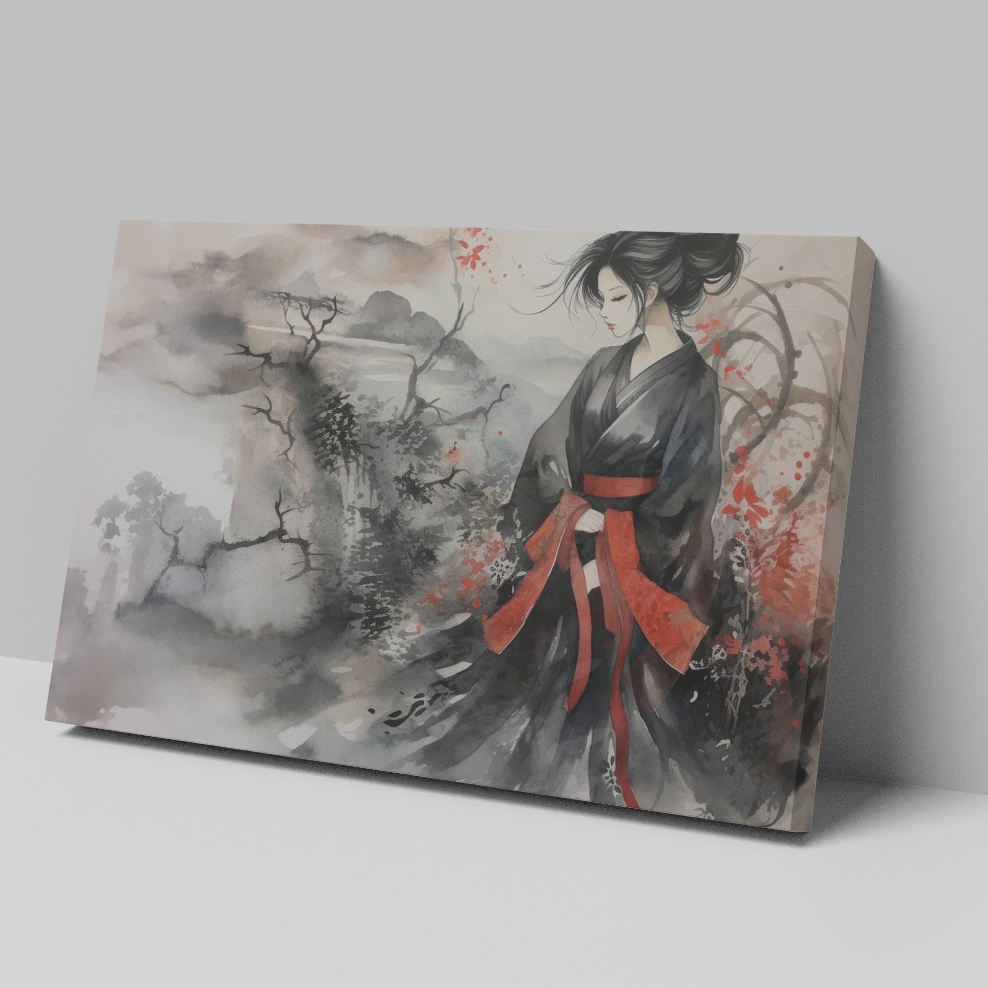 Framed canvas print of a geisha in a traditional black and red attire, set against an Asian-inspired misty mountainous landscape with ink wash and watercolour.