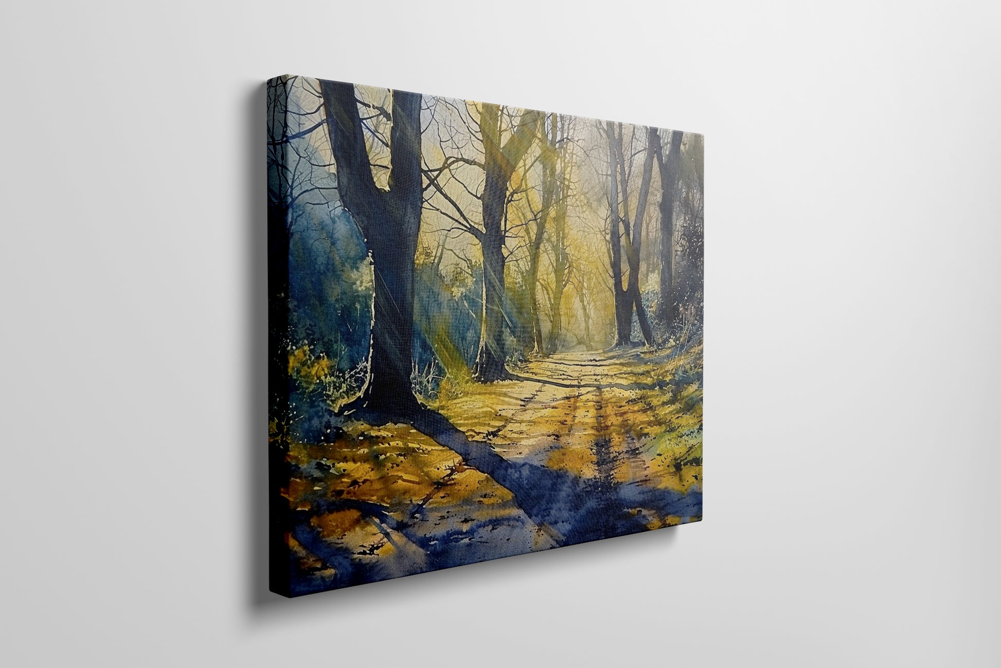 Framed canvas print of a sunlit path through a misty forest in watercolour with vibrant yellow and cool blue tones