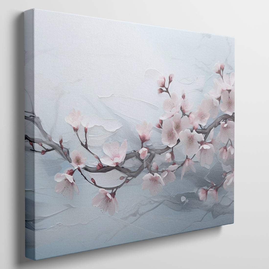 Framed canvas print of Sakura cherry blossoms with soft pink petals against a gentle blue background