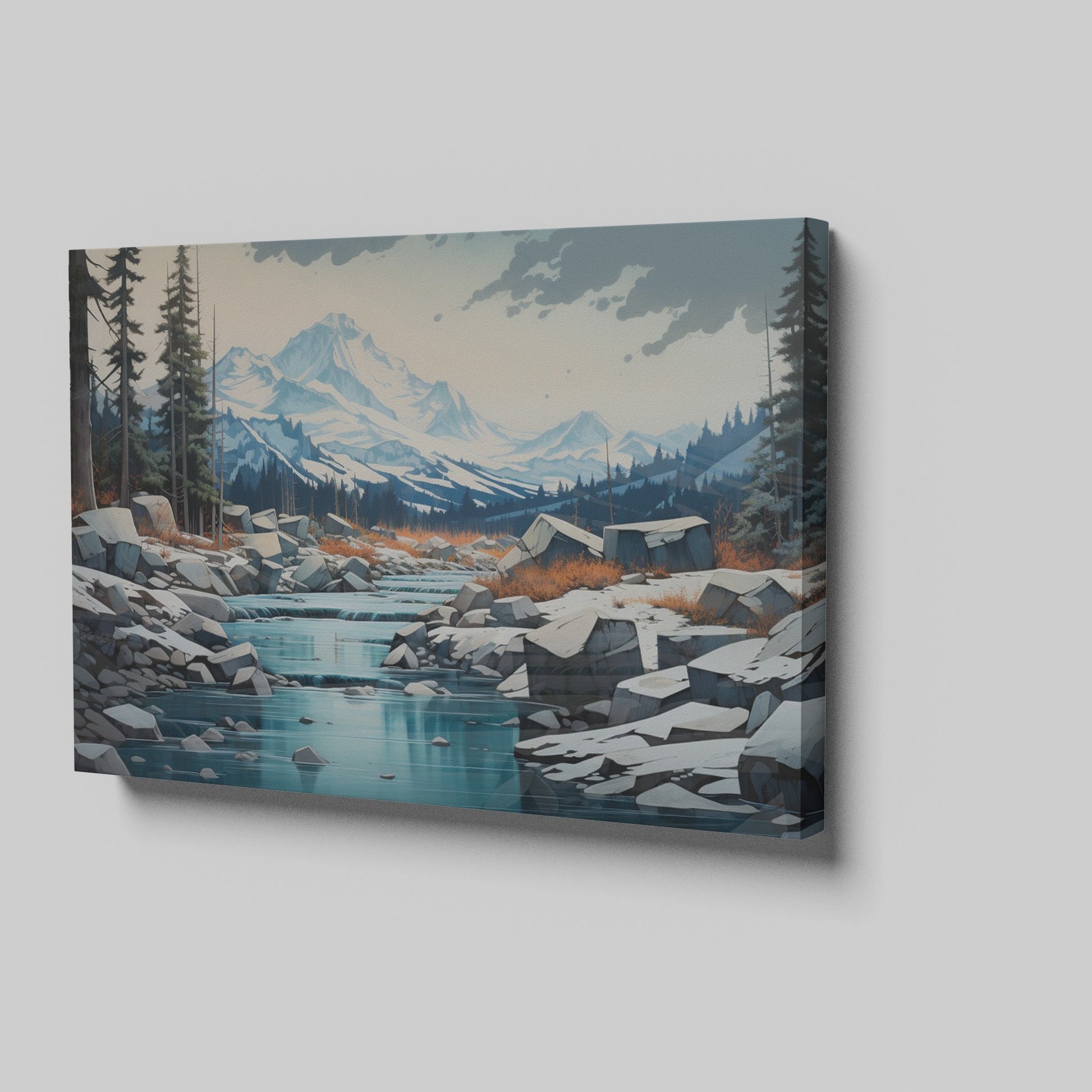 Framed canvas print of a serene mountain landscape with snow-covered peaks, a flowing river, and a forest in digital art style.