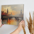 Framed canvas print of London's Big Ben and River Thames during sunset with impressionist style painting