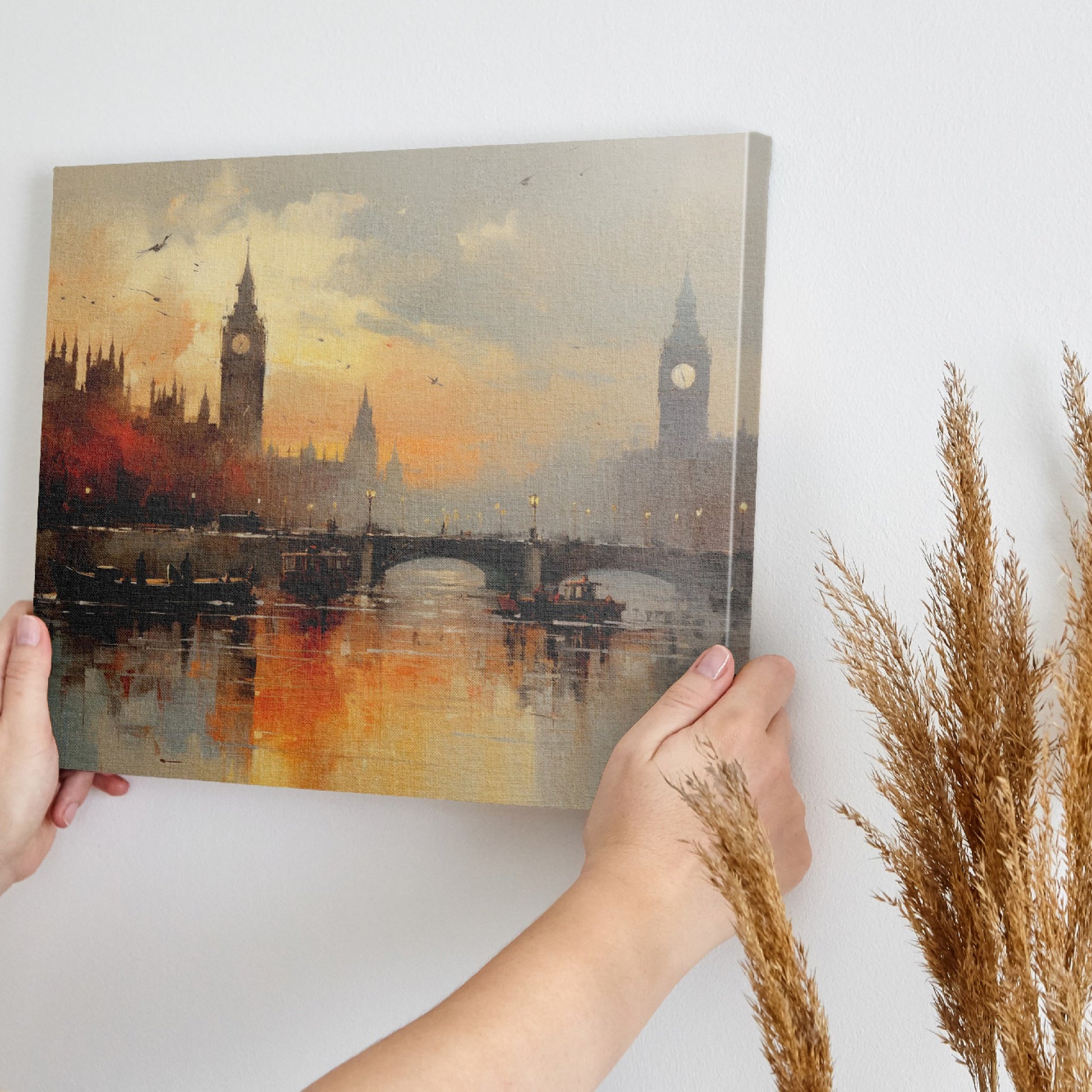 Framed canvas print of London's Big Ben and River Thames during sunset with impressionist style painting