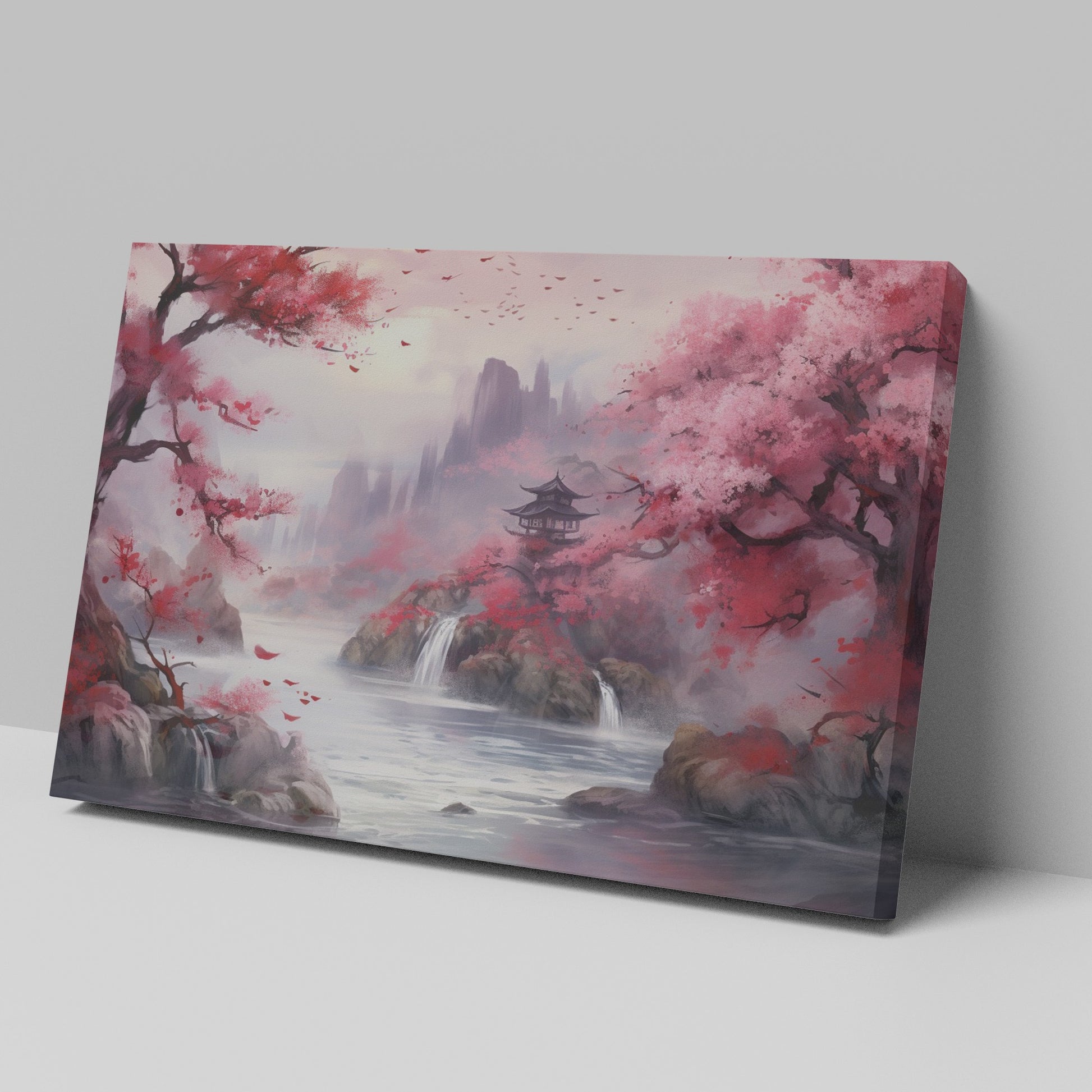 Framed canvas print of a serene oriental landscape with cherry blossoms and a pagoda