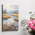 Framed canvas print of an autumnal river landscape with vibrant wildflowers and a tranquil woodland stream