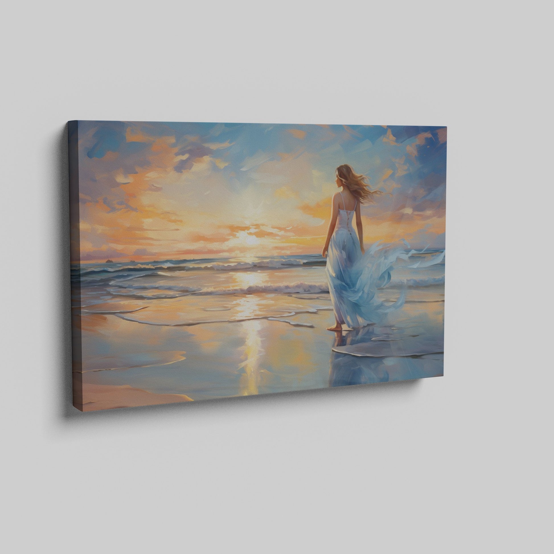 Framed canvas print of a woman in an elegant dress at sunset on a beach, with vibrant reflection in water