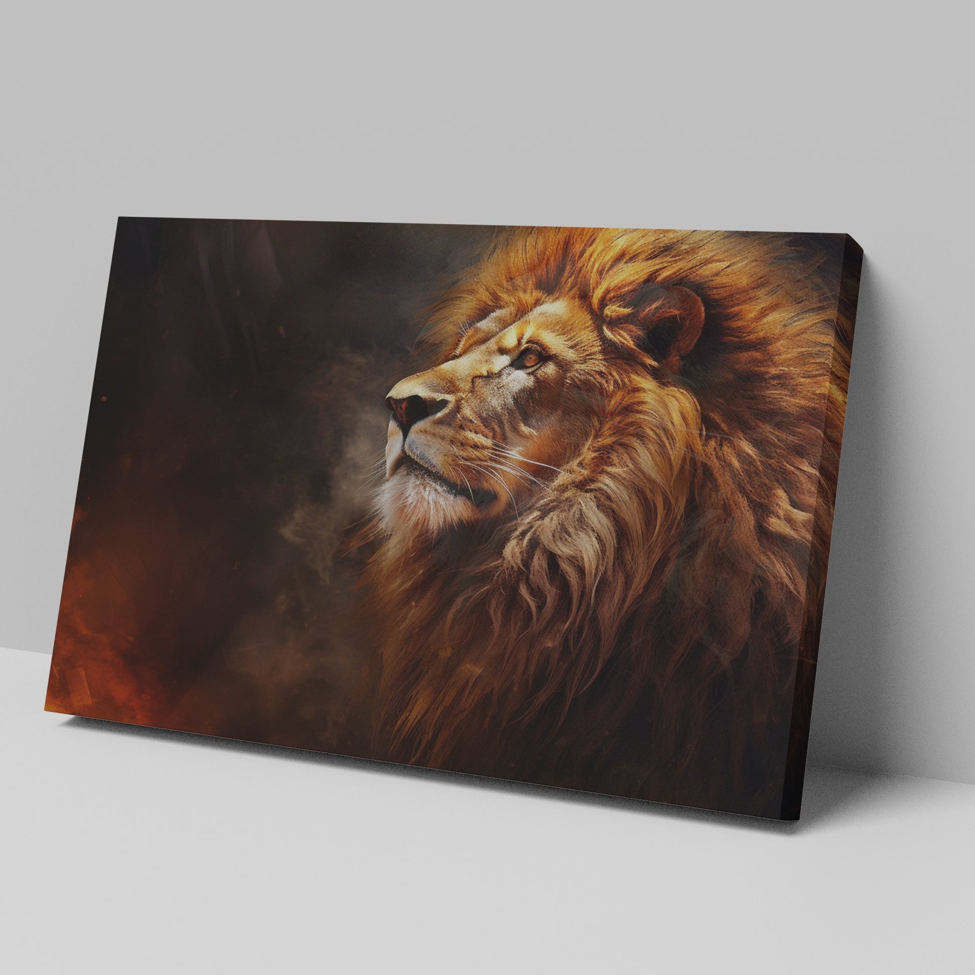 Framed canvas print of a realistic lion portrait with fiery mane