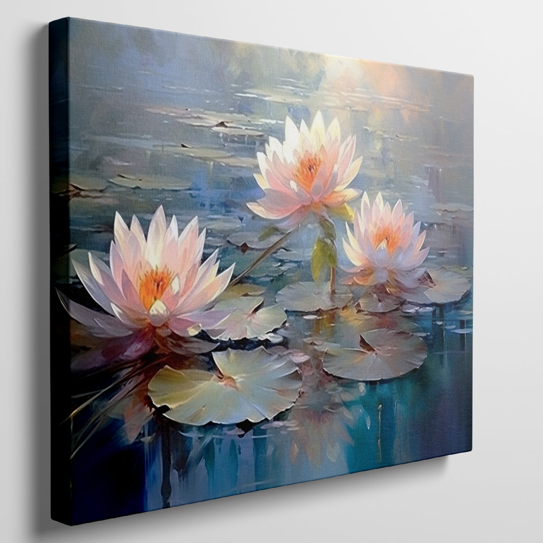 Framed canvas print of impressionist water lilies with vibrant reflections on water